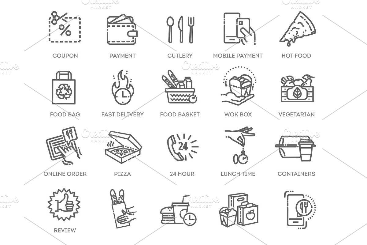 Food Delivery icons set, a Food Illustration by Tettygreen (Photo 2 of 3)