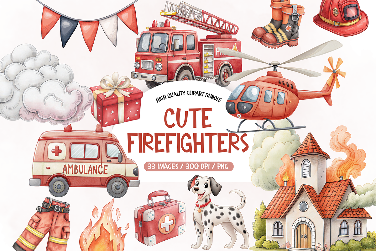 Cute Firefighters Clipart Set, an Illustration by TatiMockup (Photo 1 of 5)