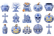 Blue Chinoiseries Halloween Clipart, a Seasonal Illustration by OK Design (Thumbnail 3 of 6)