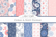 Coral &amp; Navy Floral Vector Patterns, a Pattern Graphic by Avenie Digital