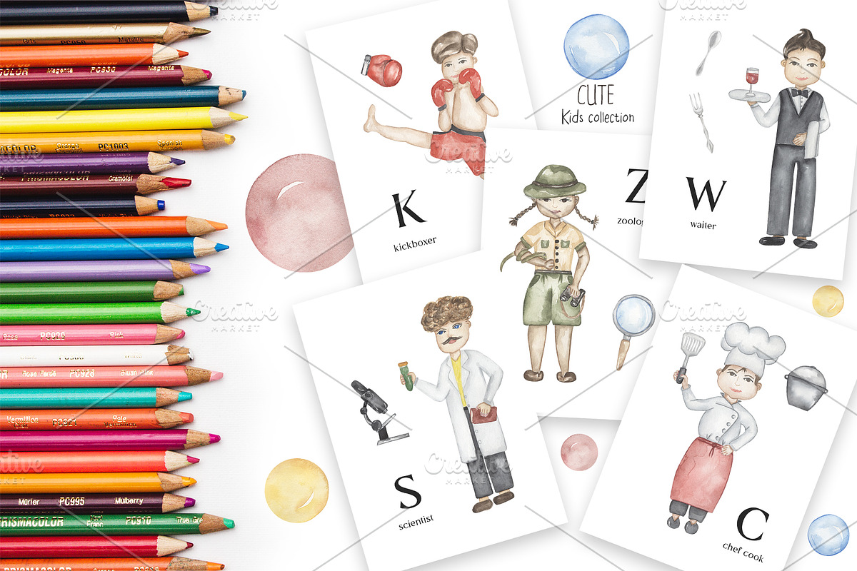 Watercolor Cute Alphabet Professions, an Education Illustration by MayaNavits (Photo 2 of 12)