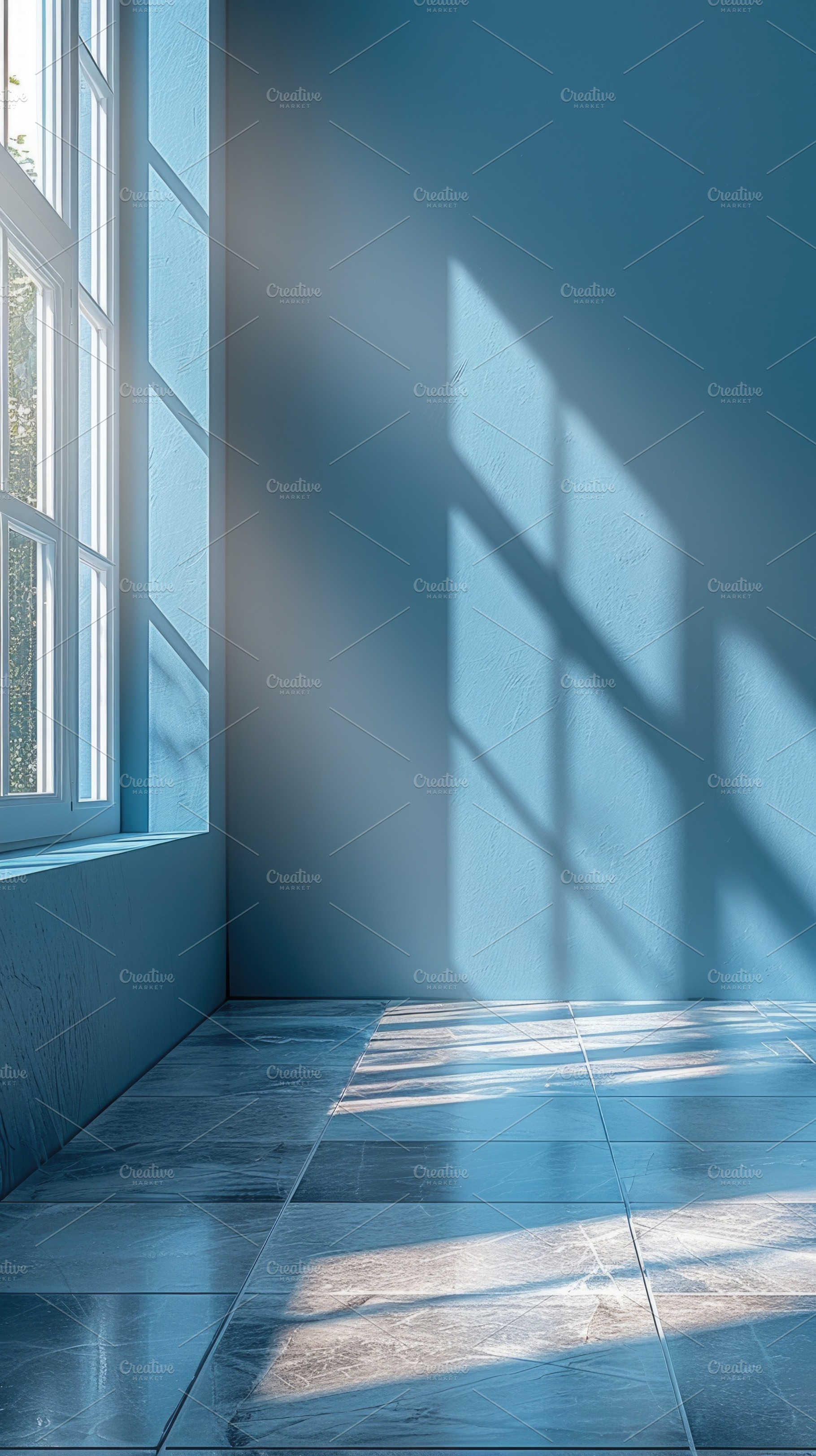 Blue Interior Wall with Window Shadows and Sunlit Tile Floor, a Background Photo by José Manuel Gelpi