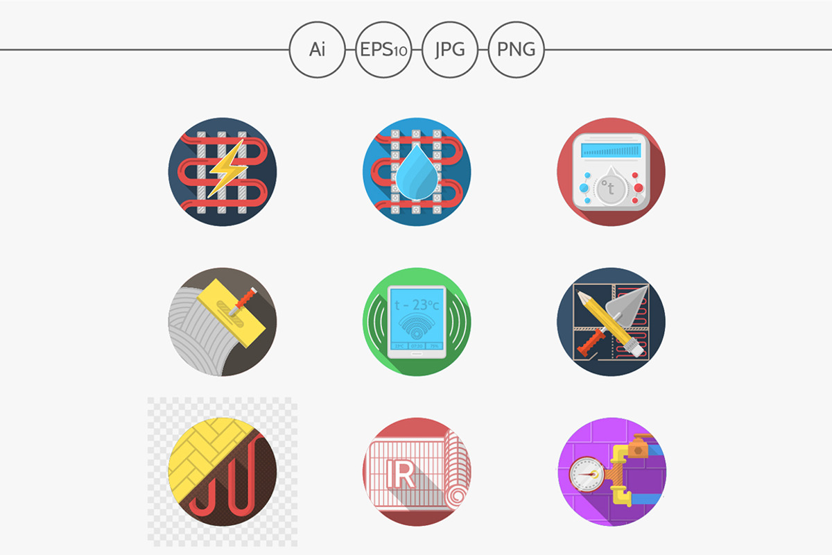 Heated floor flat color vector icons