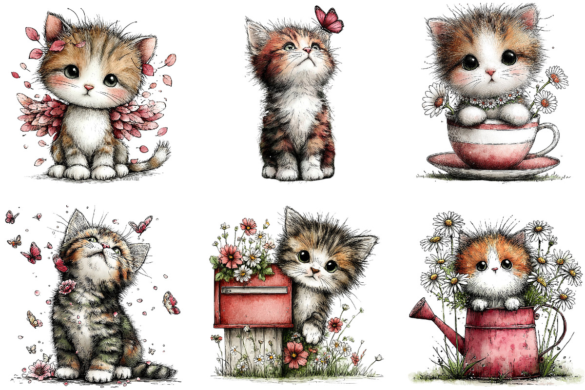 Whimsical Spring Cats Clipart, an Illustration by Dream Creation (Photo 3 of 6)