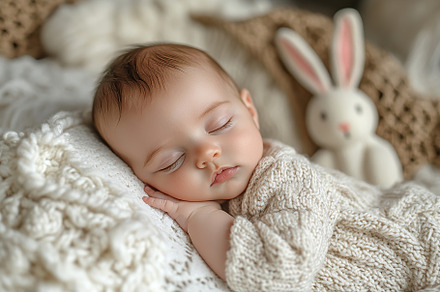 Little child boy sleeps in a crib with rabbit toy, a Person Photo by AlyaAnd