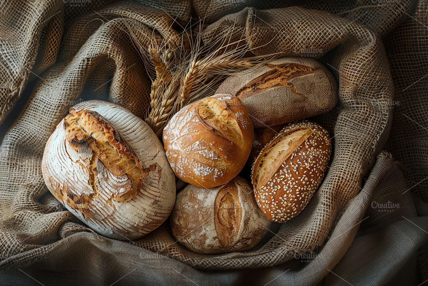 Different kinds of baked bread on burlap, a Food & Drink Photo by AlyaAnd