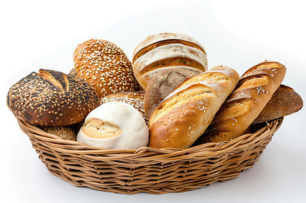 Freshly different baked bread in basket isolated on white background, a Food & Drink Photo by AlyaAnd