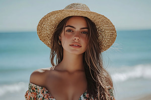 Woman enjoying a summer stroll along a serene ocean beach under a clear blue sk, a Person Photo by AlyaAnd