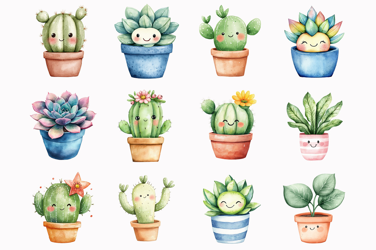 Watercolor Kawaii Plants Clipart, an Illustration by Design Market (Photo 3 of 4)