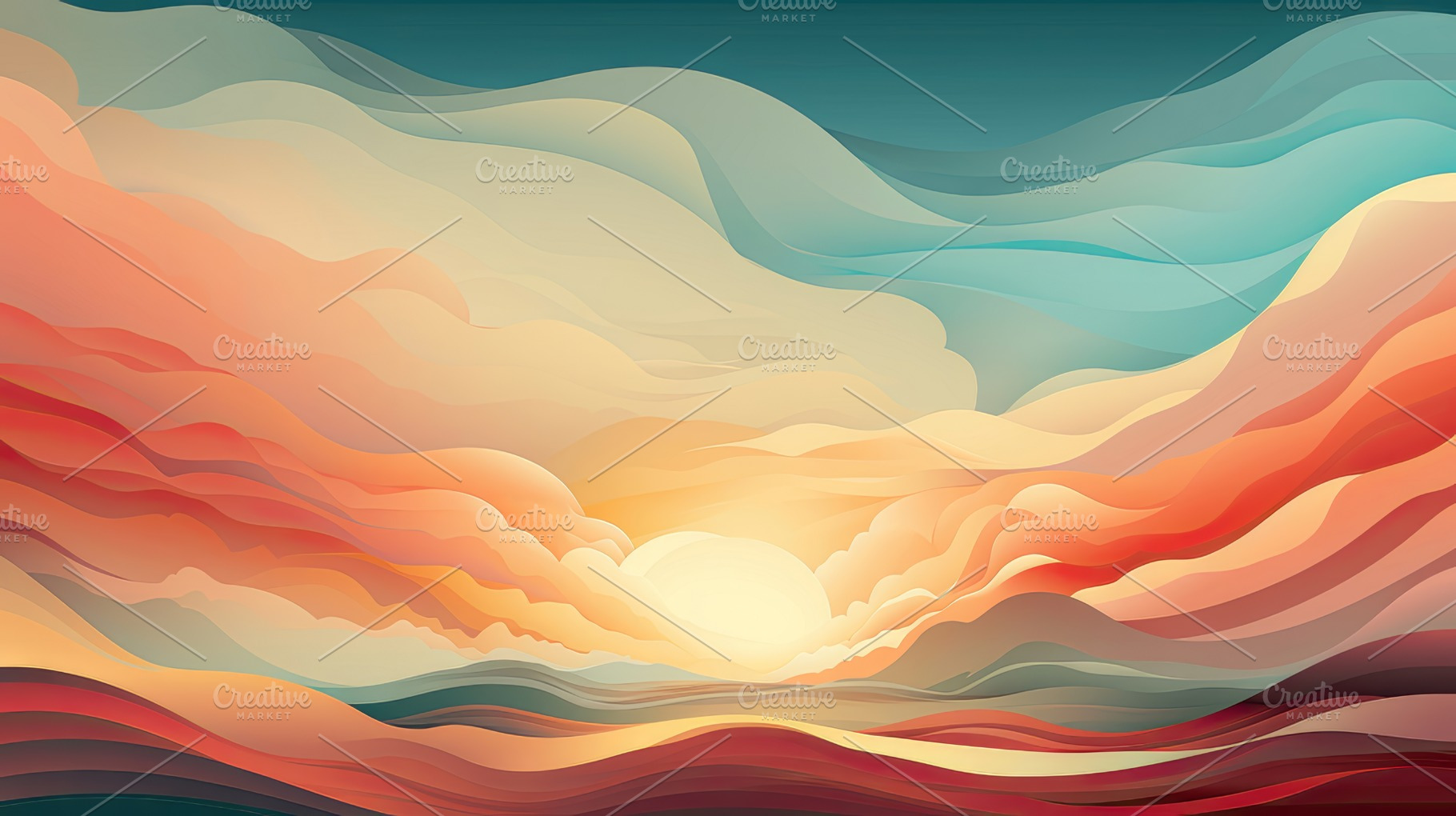 Stunning Retro-Styled Sunset Illustration with Vibrant Colors and Wave Patterns, a Photo by AS photostudio