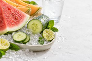 Fresh summer platter with watermelon, a Photo by Dvoevnore photos