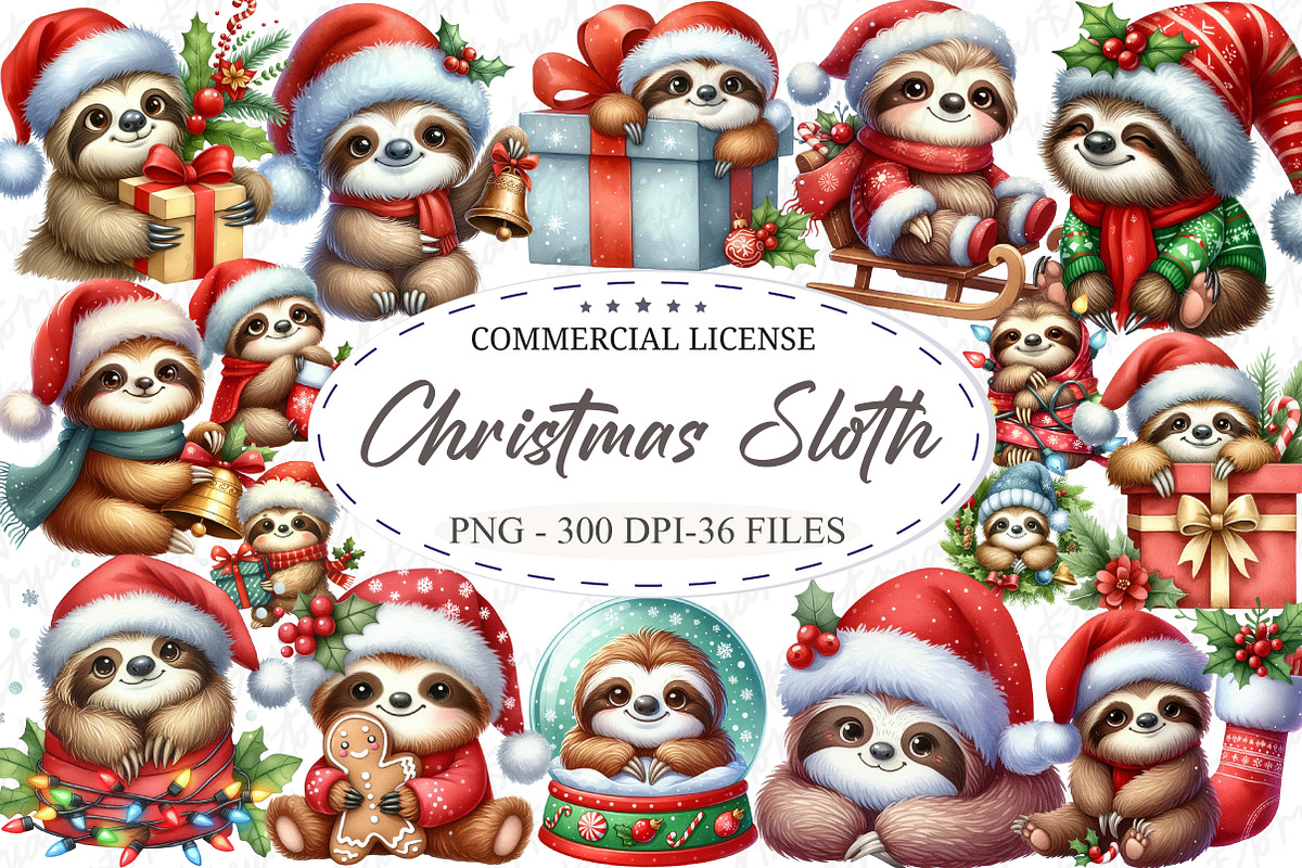 Cute Sloth Christmas Clipart PNG, an Illustration by designcity5 (Photo 1 of 5)