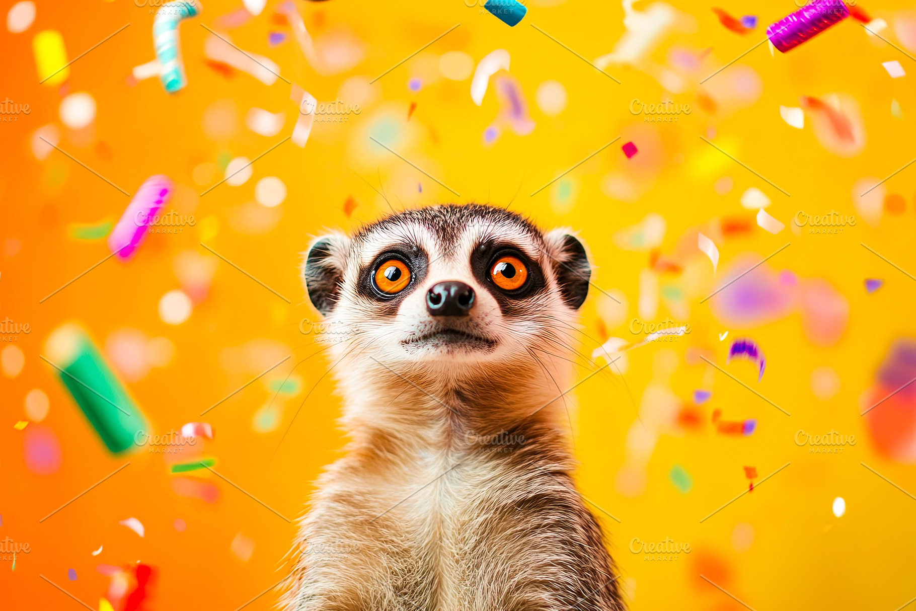 Festive Meerkat with Confetti, an Animal Photo by Ales Munt