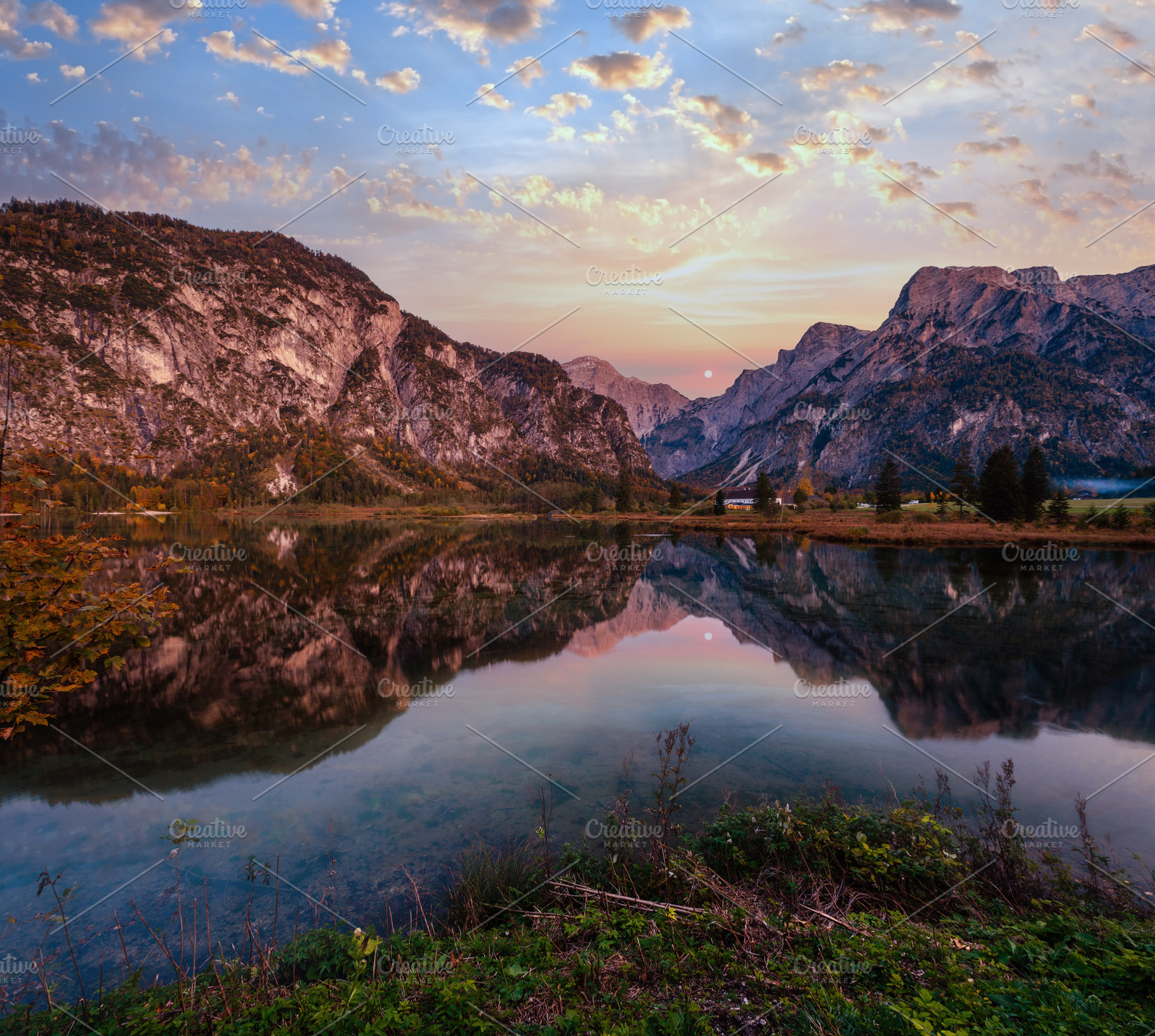 Autumn evening Alps mountain lake with clear transparent water a, a Nature Photo by YuriyB