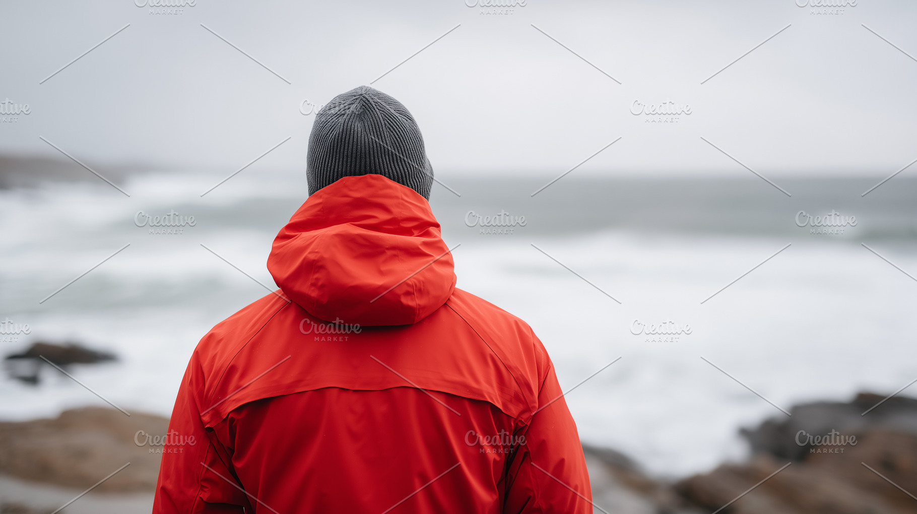 Rear view on a man in red jacket and, a Person Photo by MistyDay
