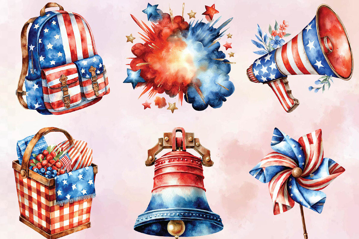 Watercolor 4th of July Clipart Bundl, an Illustration by SVGArt (Photo 5 of 9)
