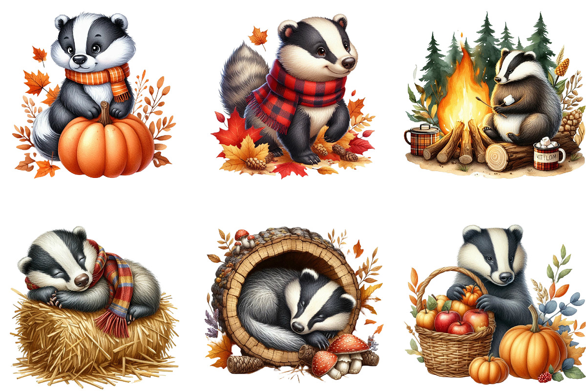 Autumn Cute Badger Watercolor Clipar, an Illustration by DreamArtGraphic (Photo 3 of 5)