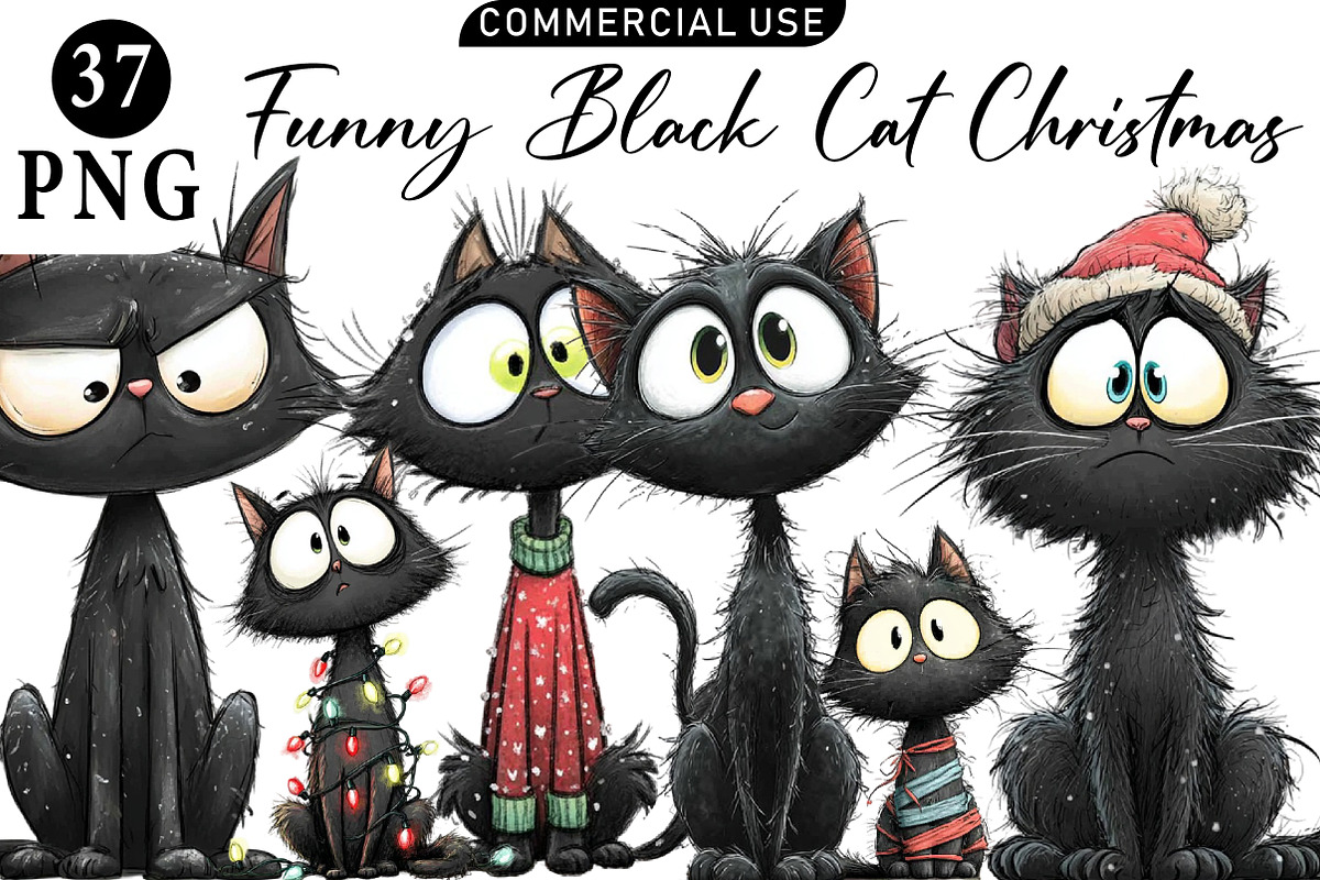 Funny Black Cat Christmas Clipart, an Illustration by Daily.Designs (Photo 1 of 5)