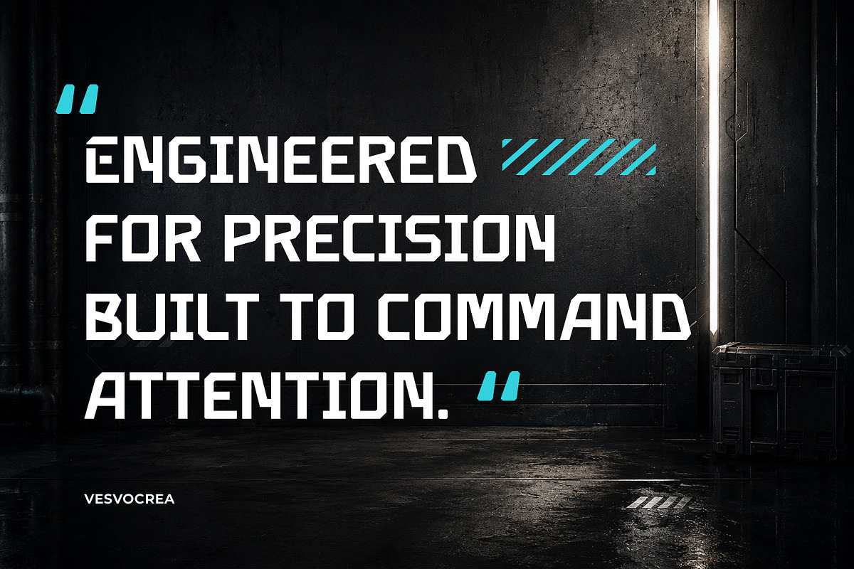 Mecha Bord - Futuristic Display Font, a Sans Serif Font by Vesvocrea (Photo 8 of 8)