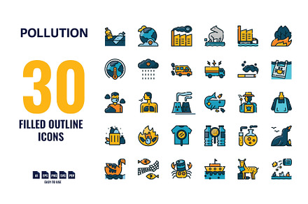 30 Pollution Filled Outline Icons