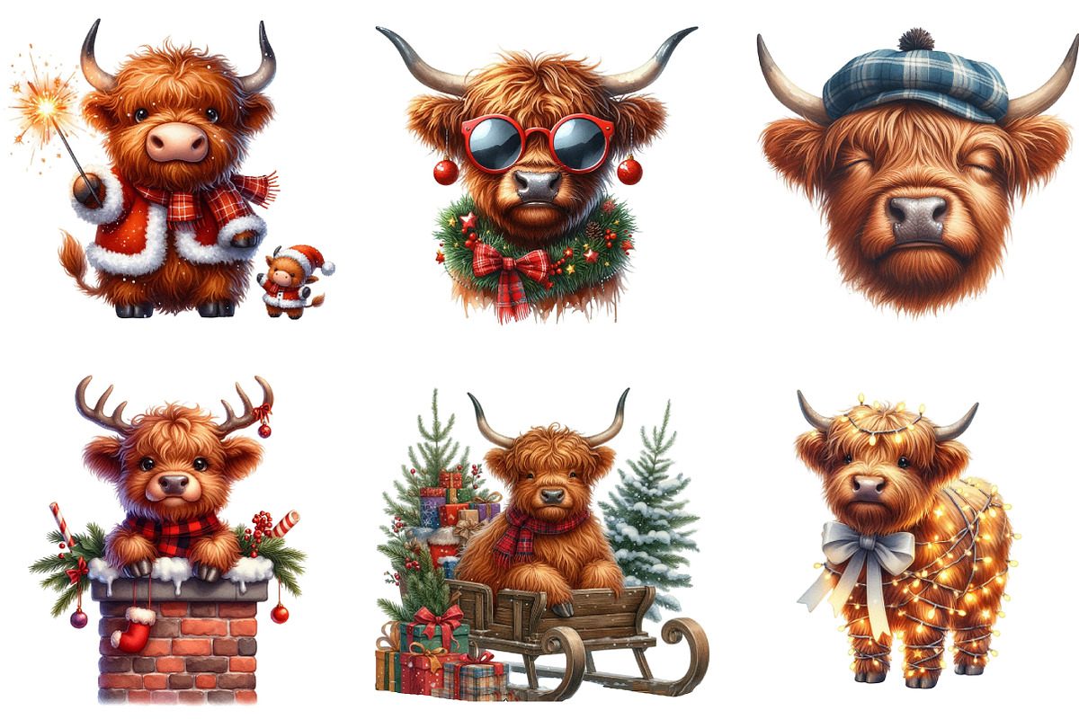 Christmas Highland Cow Clipart, an Illustration by DreamArtGraphic (Photo 3 of 5)