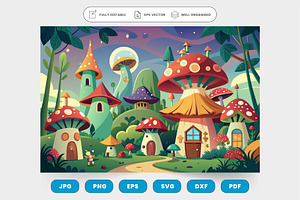 A whimsical village of cartoon mushr, a Graphic by SaroStock