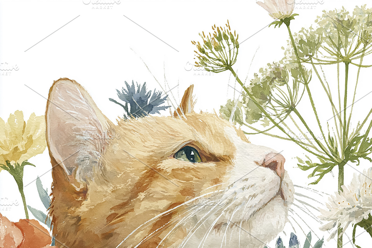 Ginger cat with white fur surrounded by colorful garden flowers, an Illustration by Studio ANNA