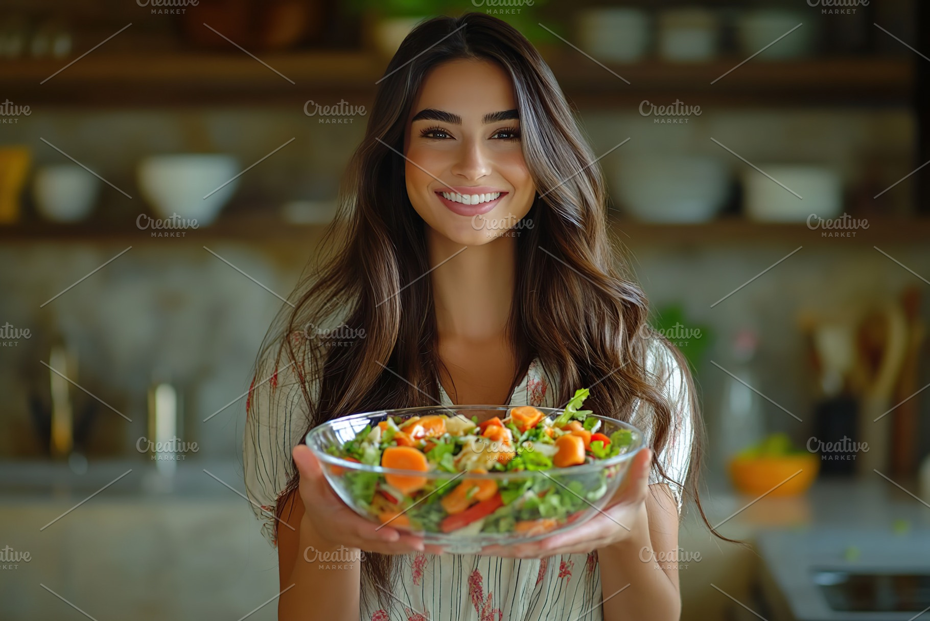 Beautiful woman smiles while holding a fresh salad in a cozy kitchen setting, a Person Photo by AlyaAnd