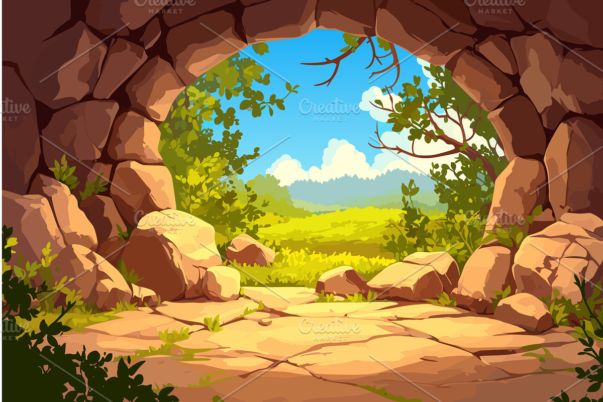 Cartoon fairytale exit from a cave, an Illustration by LadadikArt