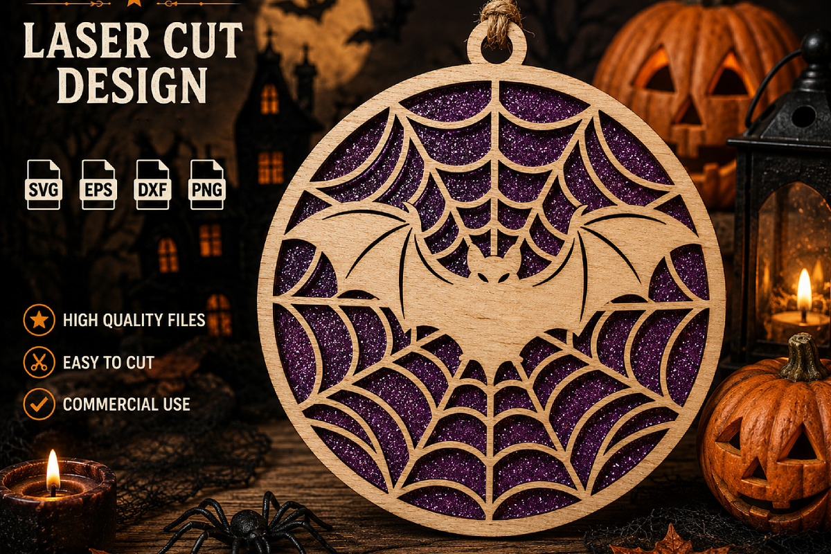 Halloween Bat Spider Web Laser Cut, an Object Graphic by Layerology (Photo 1 of 3)