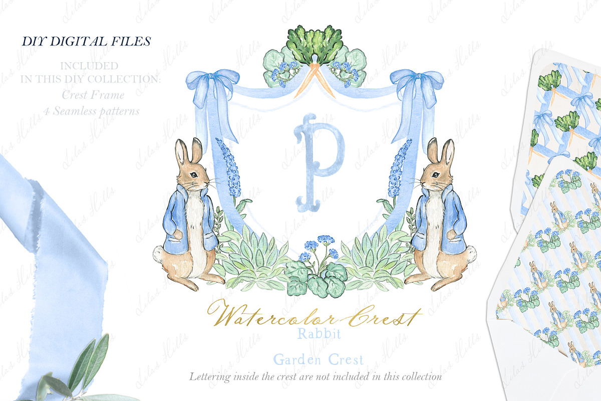 Rabbit Garden Watercolor Crest, a Graphic by LABFcreations