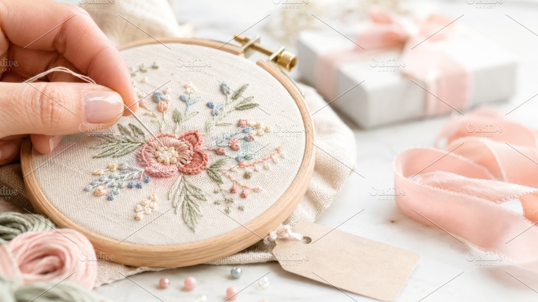 Handmade embroidery with floral desi, a Photo by Dvoevnore photos