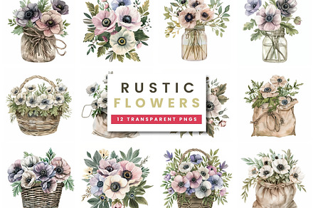 Rustic Watercolor Anemones Clipart, a Decorative Illustration by ClipCraft