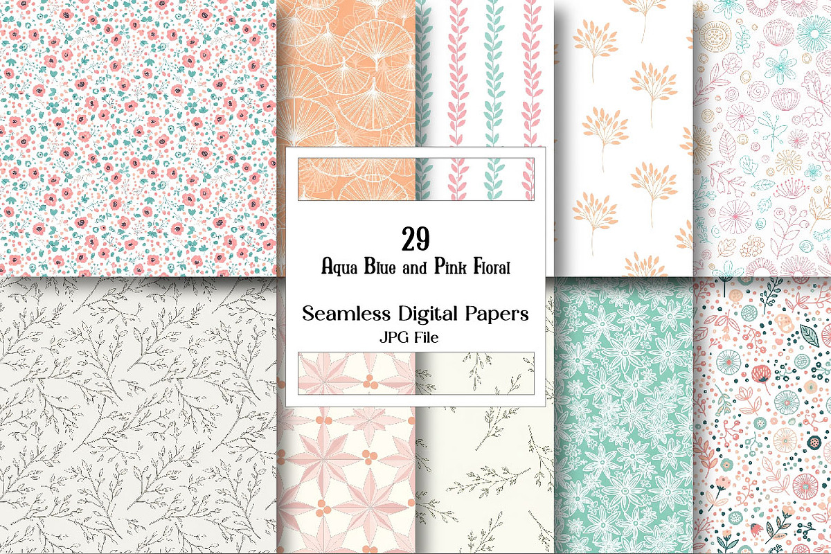 Aqua Blue and Pink Floral Digital Pa, a Pattern Graphic by Wow Magic (Photo 1 of 3)