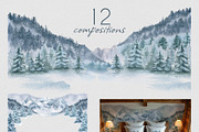 Winter landscape watercolor clipart, an Illustration by Kate Lanbina (Thumbnail 5 of 12)