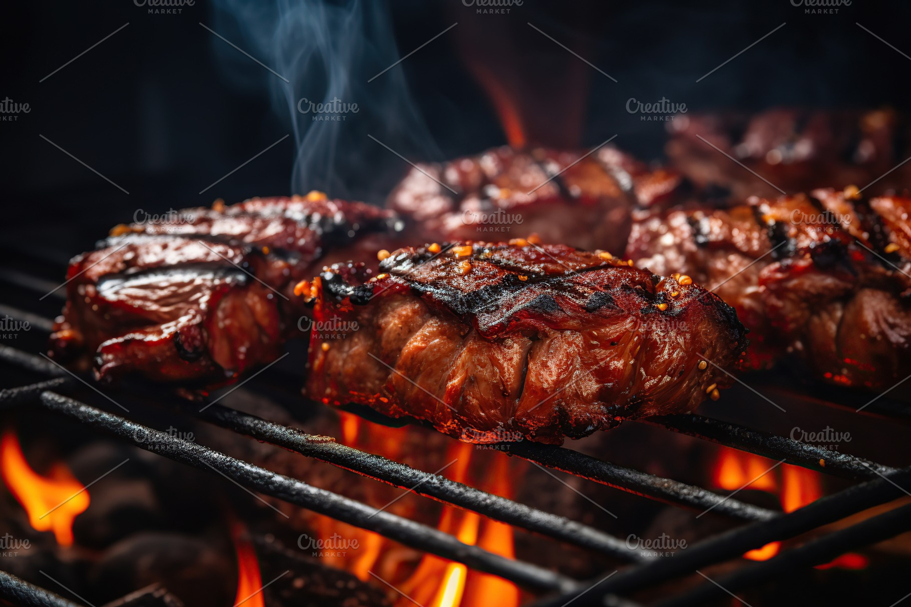 BBQ marinated meat on the grill, a Food & Drink Photo by AlyaAnd