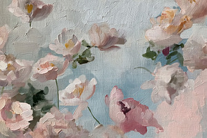 Fine Art. Pink and white flowers blooming with visible brushstro, a Decorative Illustration by Studio ANNA