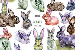10 watercolor & ink bunnies clipart