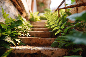 Lush green ferns thrive on weathered stone steps in an abandoned location durin, a Photo by AlyaAnd
