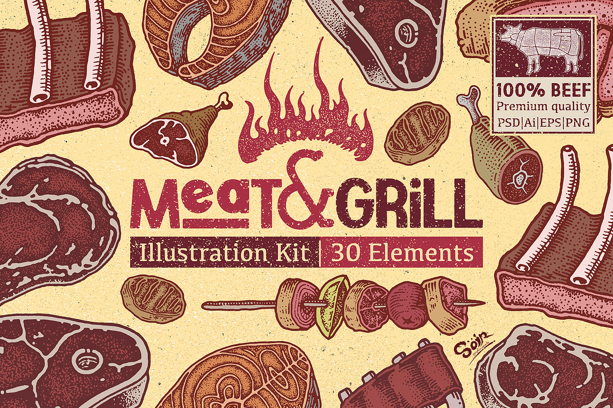MEAT AND GRILL, a Food Illustration by Soir Creative (Photo 1 of 7)
