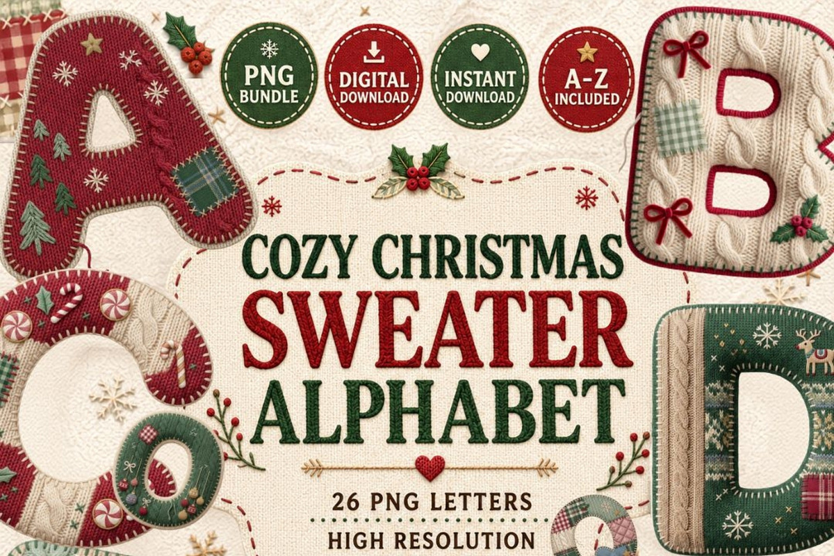 Cozy Christmas Sweater Alphabet PNG, a Seasonal Illustration by Tanya Kart (Photo 1 of 6)