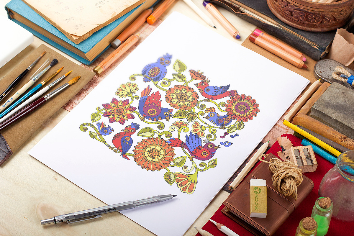 Stylish Steampunk birds and flowers, a Pattern Graphic by Julia_Snegireva (Photo 1 of 6)