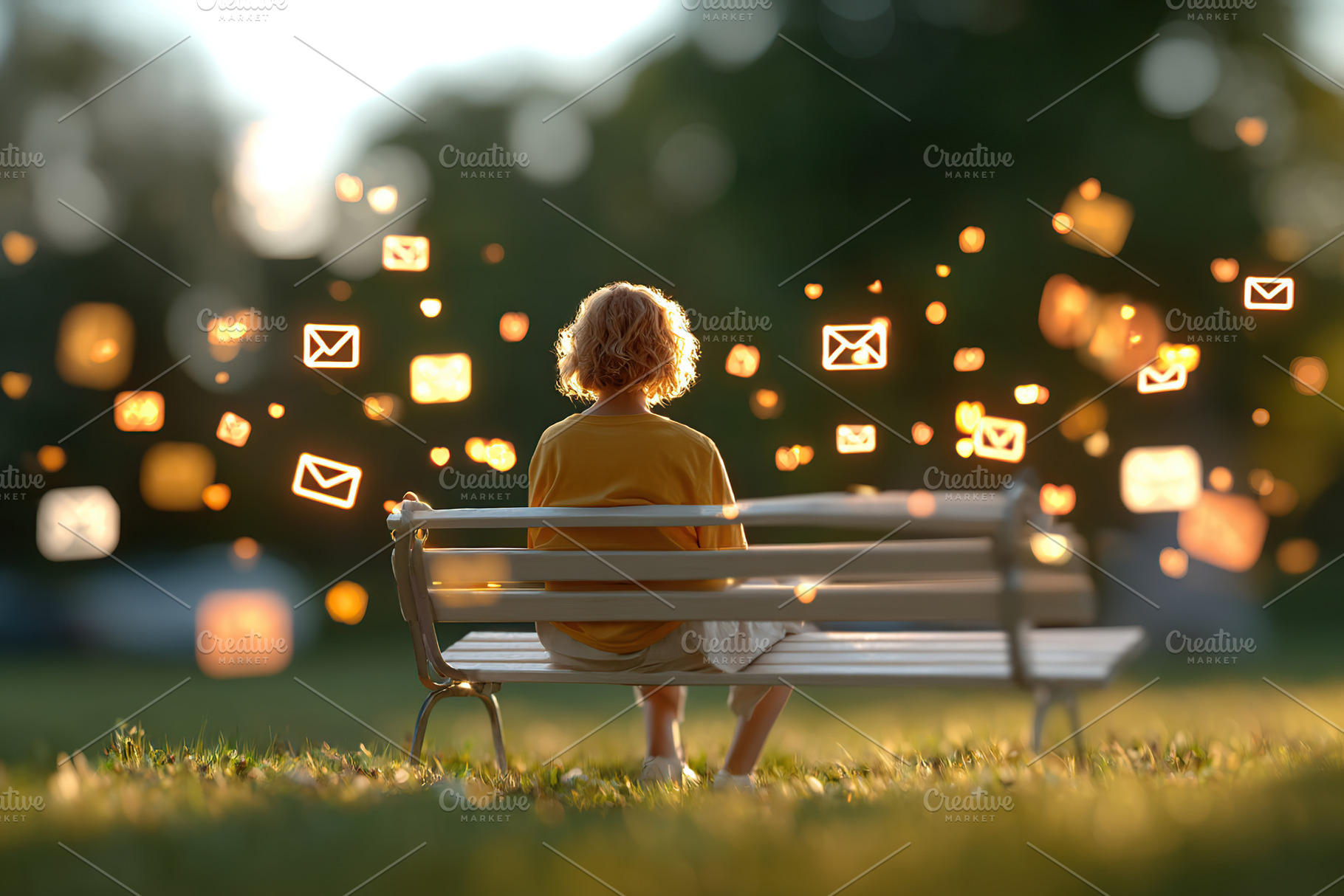 Person reflects in a park while surrounded by glowing icons of communication an, a Photo by AlyaAnd