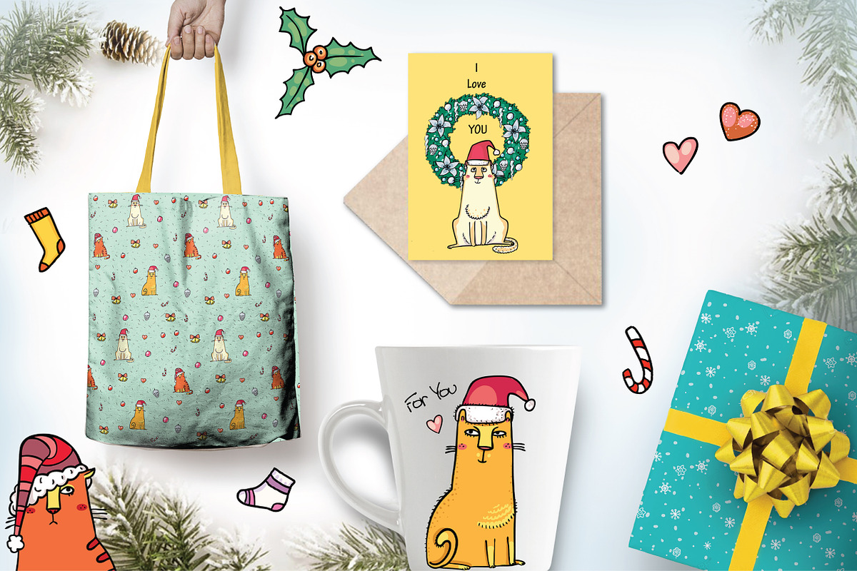 Xmas Cats: clip-art, patterns, cards, an Illustration by Zooza Art (Photo 11 of 11)