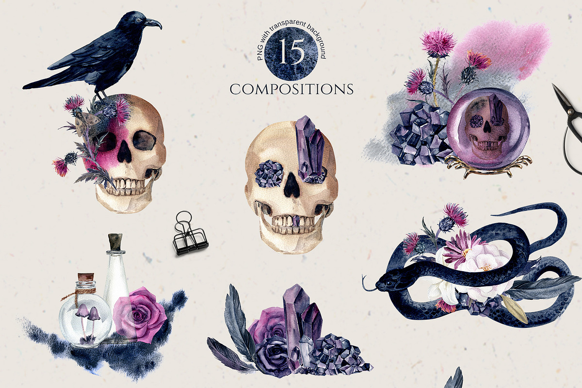 Gothic Halloween Watercolor Set, a Decorative Illustration by Elena Dorosh (Photo 11 of 19)