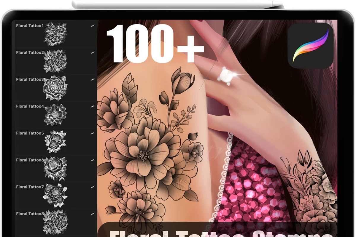 Procreate Flower Tattoo Stamps, a Brush Add-On by OneBerryCreations (Photo 1 of 3)