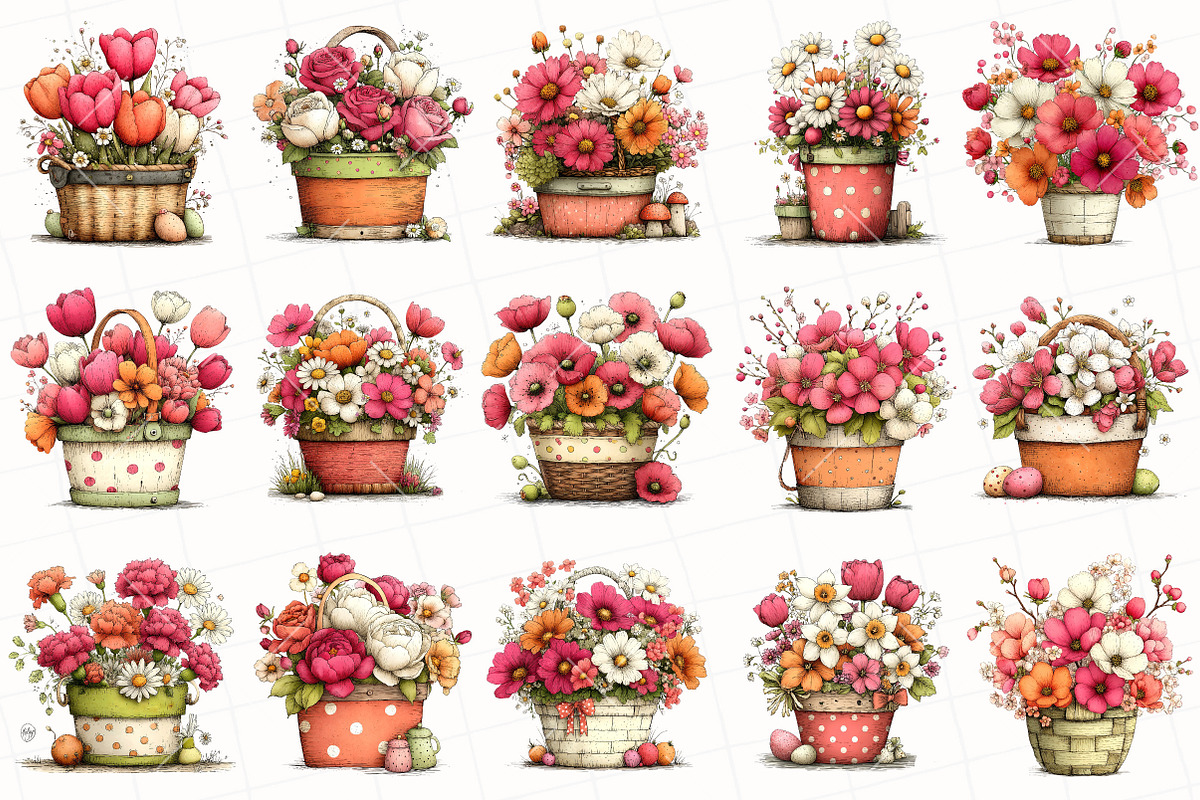 Whimsical Flower Basket Clipart, an Illustration by OK Design (Photo 3 of 6)