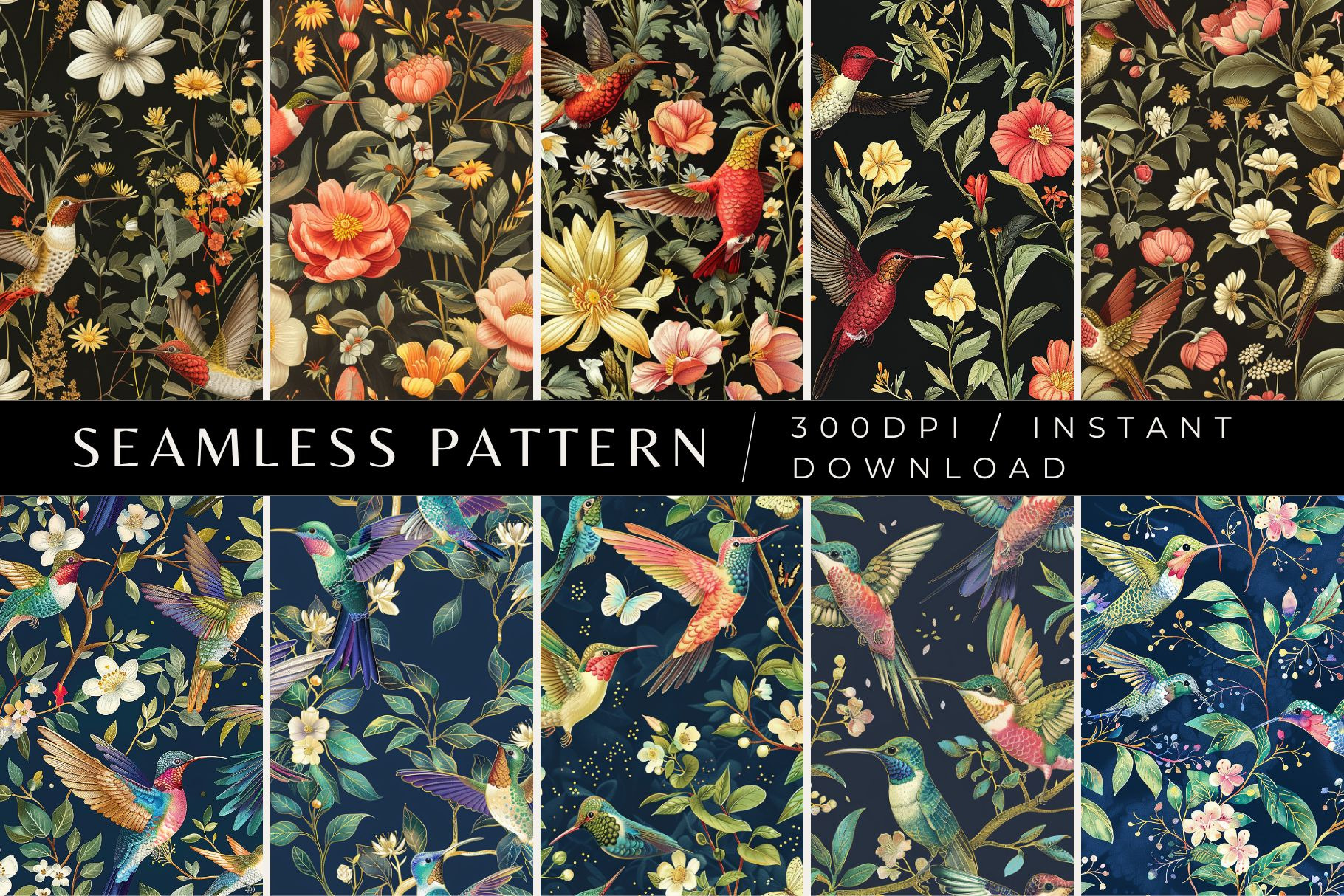 10 Hummingbird Midnight Patterns, a Pattern Graphic by Inknfolly