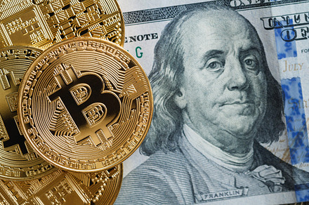 Top view of the gold coins bitcoin on a dollar bill the concept of crypto, a Business Photo by Edalin's Store