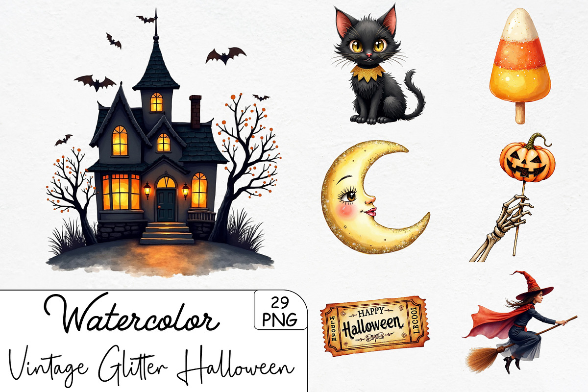 Vintage Glitter Halloween Clipart, an Illustration by CrexoraLab (Photo 1 of 5)